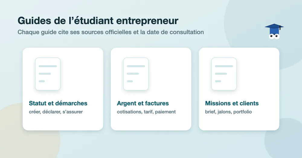 Trois cartes de guides classés par thème : statut et démarches, argent et factures, missions et clients.